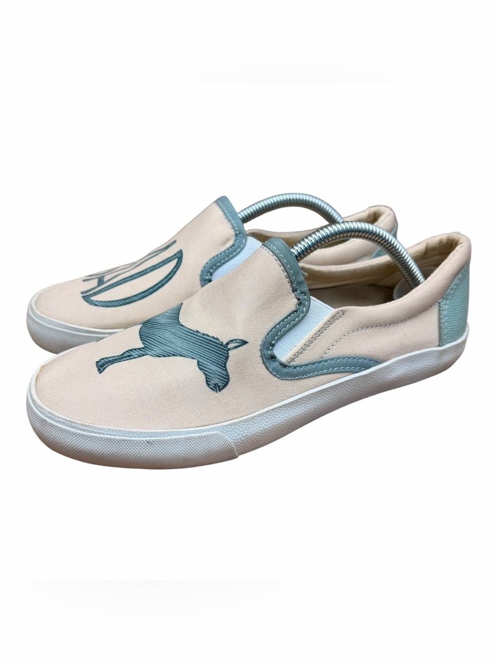 Inkkas women size 6 Canvas Slip-On Sneakers with Whale Graphic - Cream & Teal